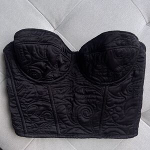 Zara Black Embossed Quilted Corset Top - Structured Underwire Bustier - Medium
